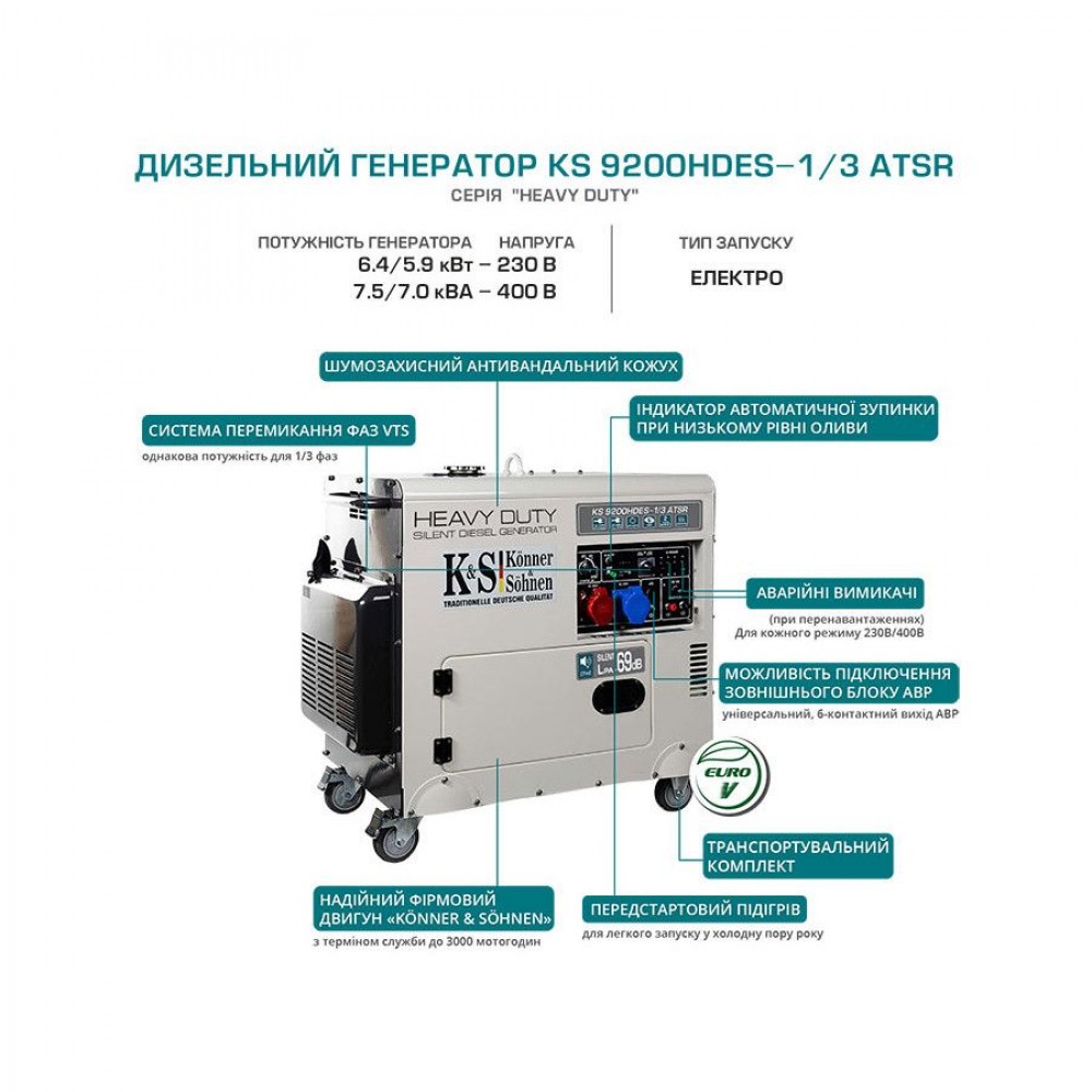 Дизельний генератор 7,5 кВт Konner & Sohnen KS 9200HDES-1/3 ATSR (EURO V)