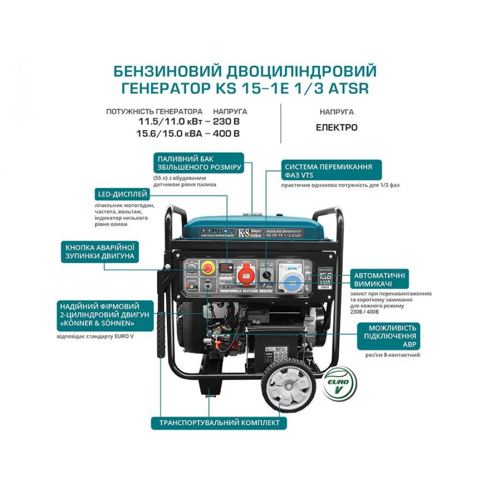 Бензиновий двоциліндровий генератор 11 кВт Konner & Sohnen KS 15-1E 1/3 ATSR