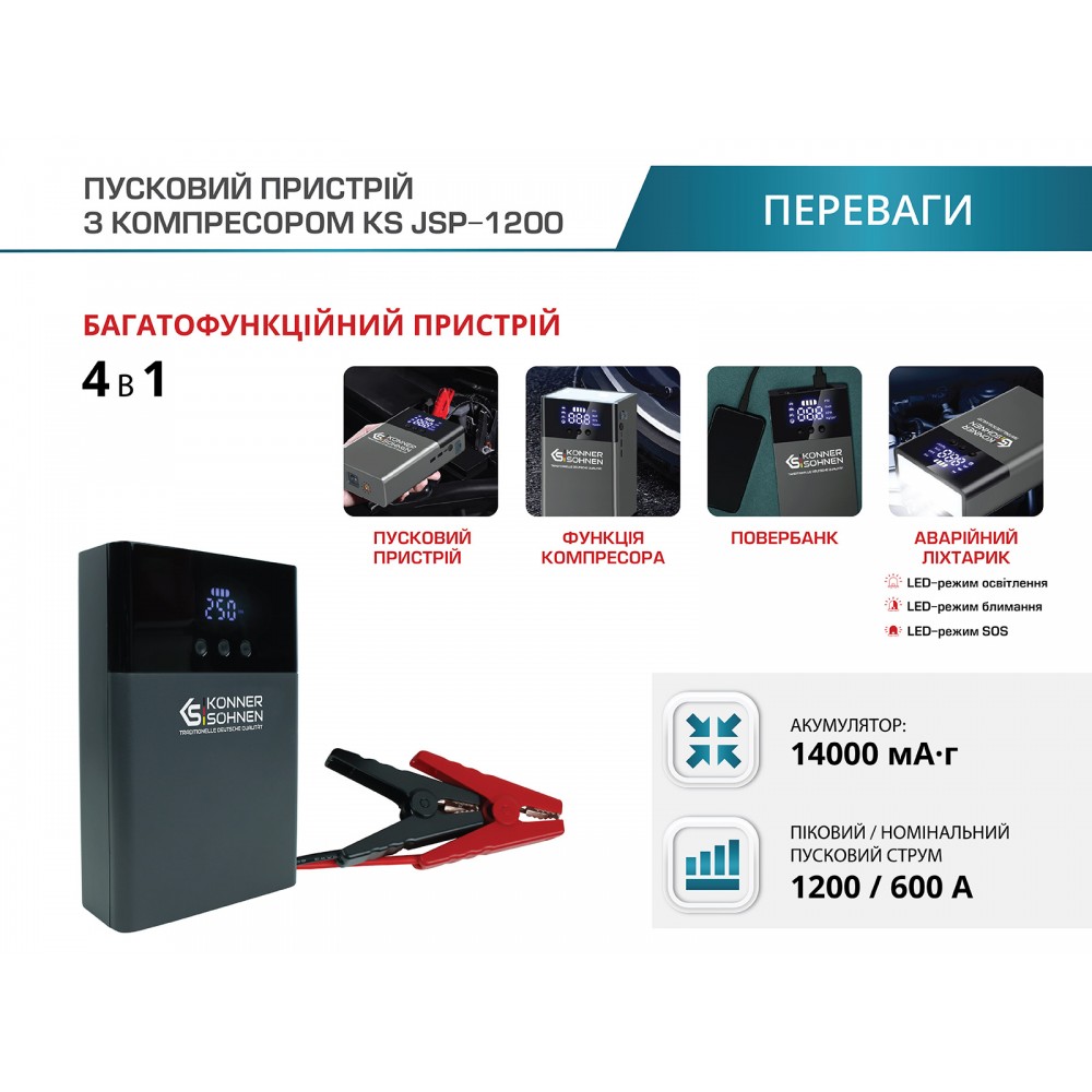 Пусковий пристрій для акумуляторів Konner & Sohnen KS JSP-1200
