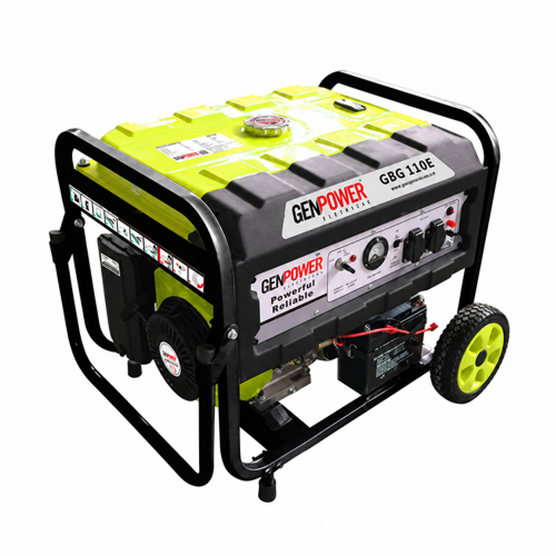 Бензиновий генератор GENPOWER GBG 110E, 1-фазний 230 В, 50 Гц, 10,5 кВА / 8,4 кВт, паливний бак 27 л, витрата палива 2,69 л/кВт·год, тип запуску: електростартер і ручний (без акумулятора) / AVR (автоматичний регулятор напруги), габарити 700х530х560 мм, 83