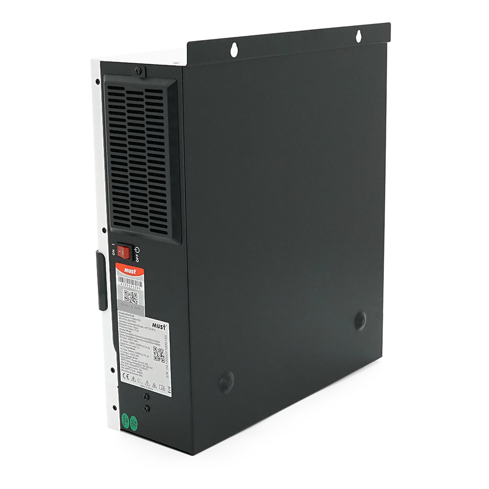 Гібридний інвертор MUST PV18-2012PRO, 2000 Вт/1600 Вт, 12 В, струм заряду 80 А, Wi-Fi, RS485/CAN, 170–280 В, MPPT (80 А, 30–320 В постійного струму), 318 × 369 × 121 мм. 6,2 кг.