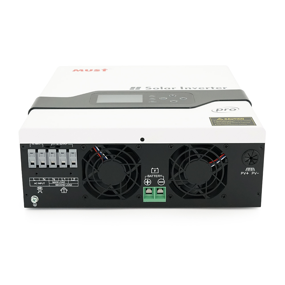 Гібридний інвертор MUST PV18-2012PRO, 2000 Вт/1600 Вт, 12 В, струм заряду 80 А, Wi-Fi, RS485/CAN, 170–280 В, MPPT (80 А, 30–320 В постійного струму), 318 × 369 × 121 мм. 6,2 кг.