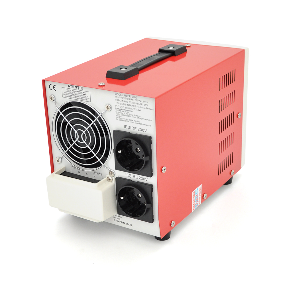 Стабілізатор напруги Conter MSER 5000 VA-V2/3750W однофазний, сервопривід, монтажу підлоги, LED дисплей, діапазон 130-260V, AC230±3%, 2*Shuko, 161x255x178mm, 9.9kg, Q2