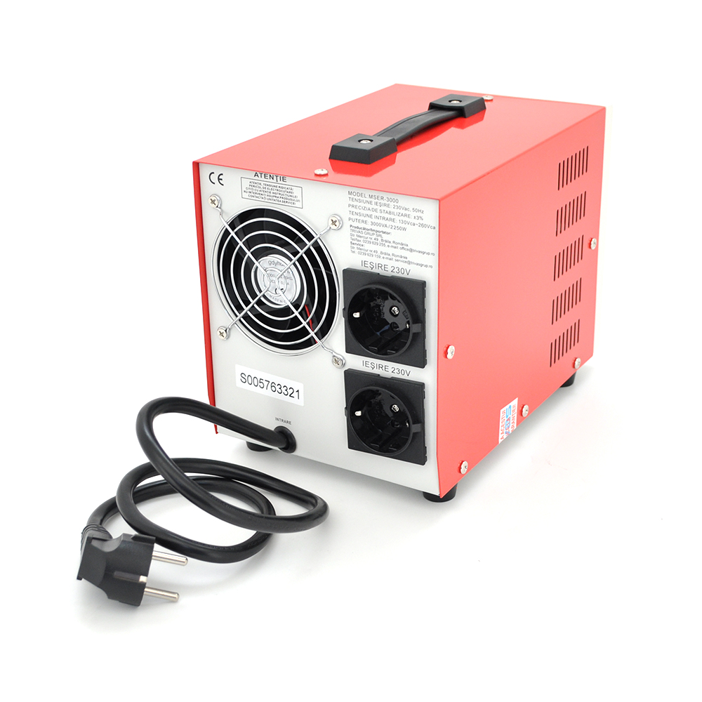 Стабілізатор напруги Conter MSER 3000 VA-V2/2250W однофазний, сервопривід, монтажу підлоги, LED дисплей, діапазон 130-260V, AC230±3%, 2*Shuko, 161x255x178mm, 8.2kg