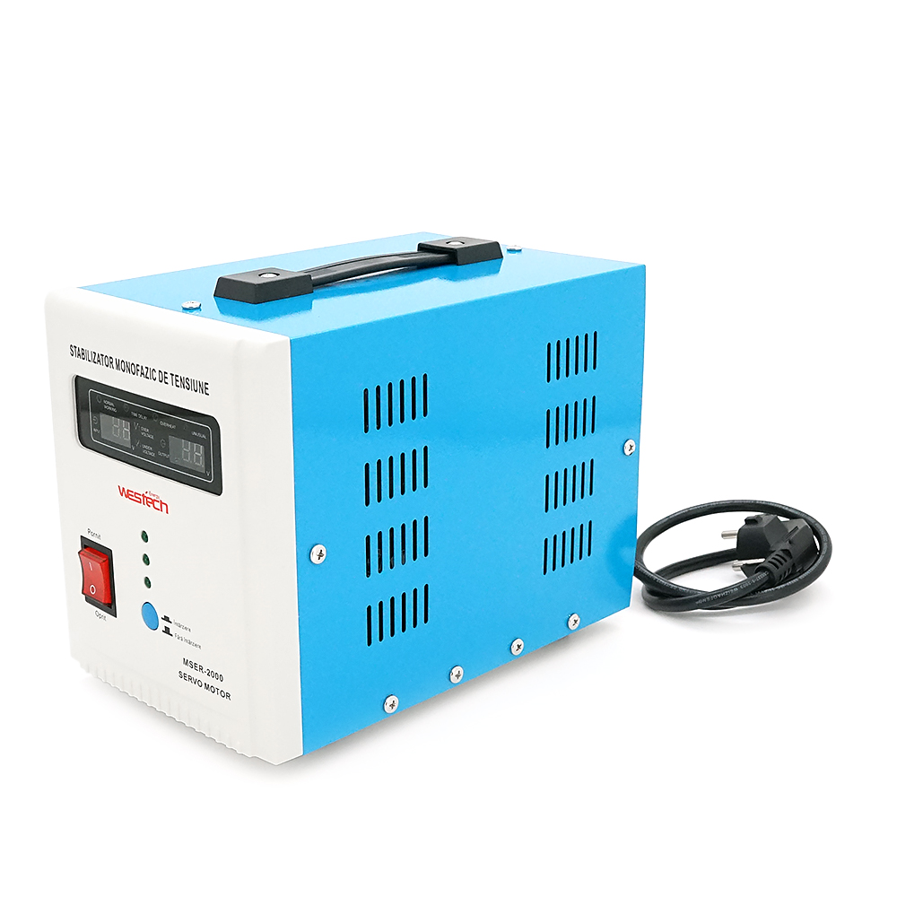 Стабілізатор напруги Westech MSER 2000 VA-V2/1600W однофазний, сервопривід, монтажу підлоги, LED дисплей, діапазон130-260V, AC230±3%, 2*Shuko, 146x237x170mm, 5.2kg, Q2