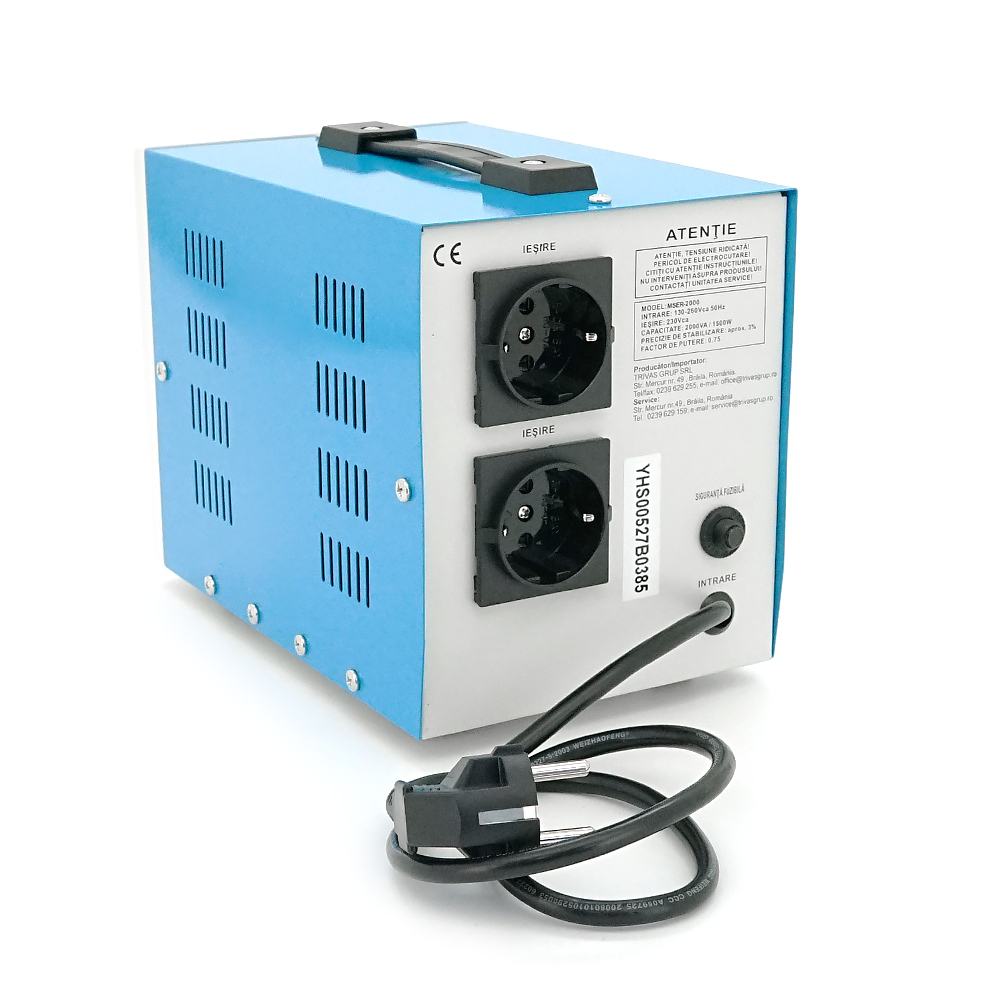 Стабілізатор напруги Westech MSER 2000 VA-V2/1600W однофазний, сервопривід, монтажу підлоги, LED дисплей, діапазон130-260V, AC230±3%, 2*Shuko, 146x237x170mm, 5.2kg, Q2