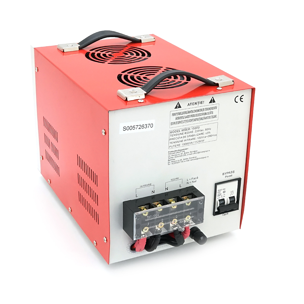 Стабілізатор напруги Conter MSER 15000 VA-V2/12000W однофазний, сервопривід, монтажу підлоги, LED дисплей, діапазон 130-260V, AC230±3%, клемна колодка, 220x335x230mm, 19.1kg