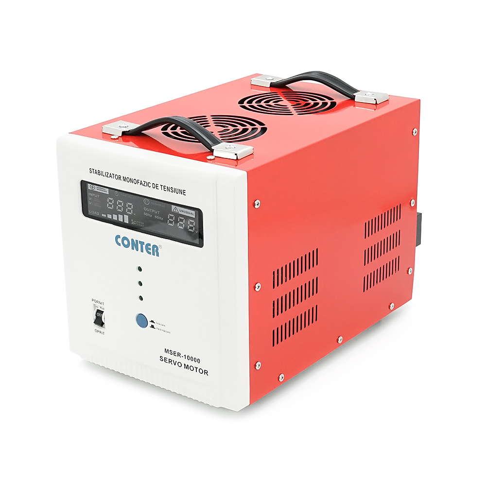 Стабілізатор напруги Conter MSER 10000 VA-V2/7500W однофазний, сервопривід, монтажу підлоги, LED дисплей, діапазон 130-260V, AC230±3%, клемна колодка, 220x335x230mm, 19.1kg
