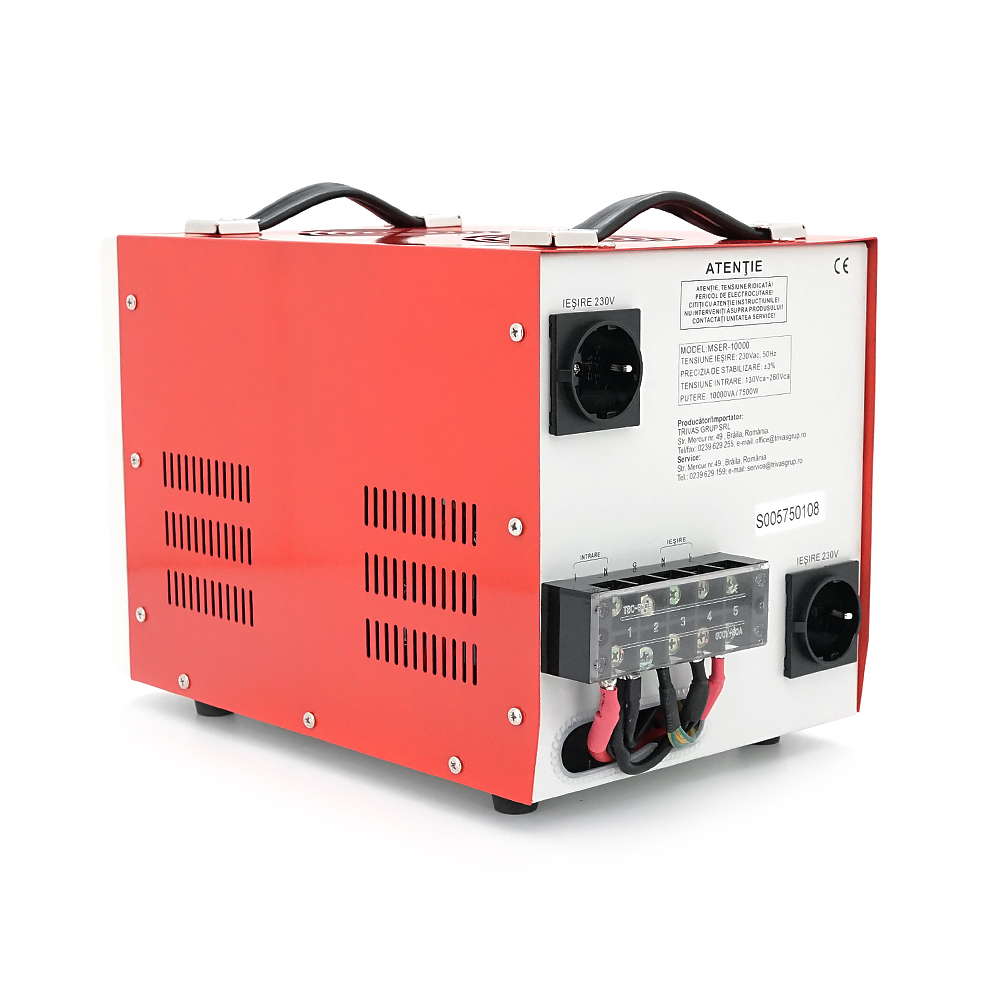 Стабілізатор напруги Conter MSER 10000 VA-V2/7500W однофазний, сервопривід, монтажу підлоги, LED дисплей, діапазон 130-260V, AC230±3%, клемна колодка, 220x335x230mm, 19.1kg
