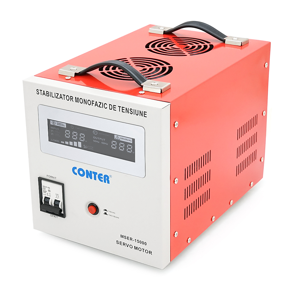 Стабілізатор напруги Conter MSER-15000-V2 трифазний, сервопривід, монтажу підлоги, LED дисплей, діапазон 225-450V, AC400±3%, колодка, 416x219x352 mm, 33.8kg