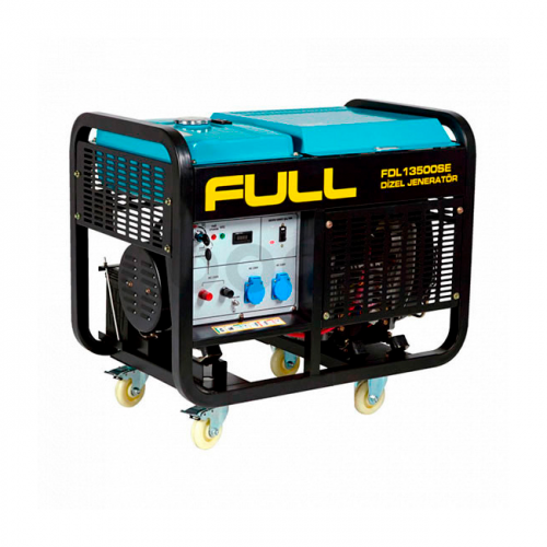 Генератор дизельний FULL FDL13500SE, 1-фазний 230V, 50Hz, 13.75kVA/11kW, бак 25 л, витрата 3,5 л/год, пуск: ручний/стартер, 910х578х668 мм, 190 кг