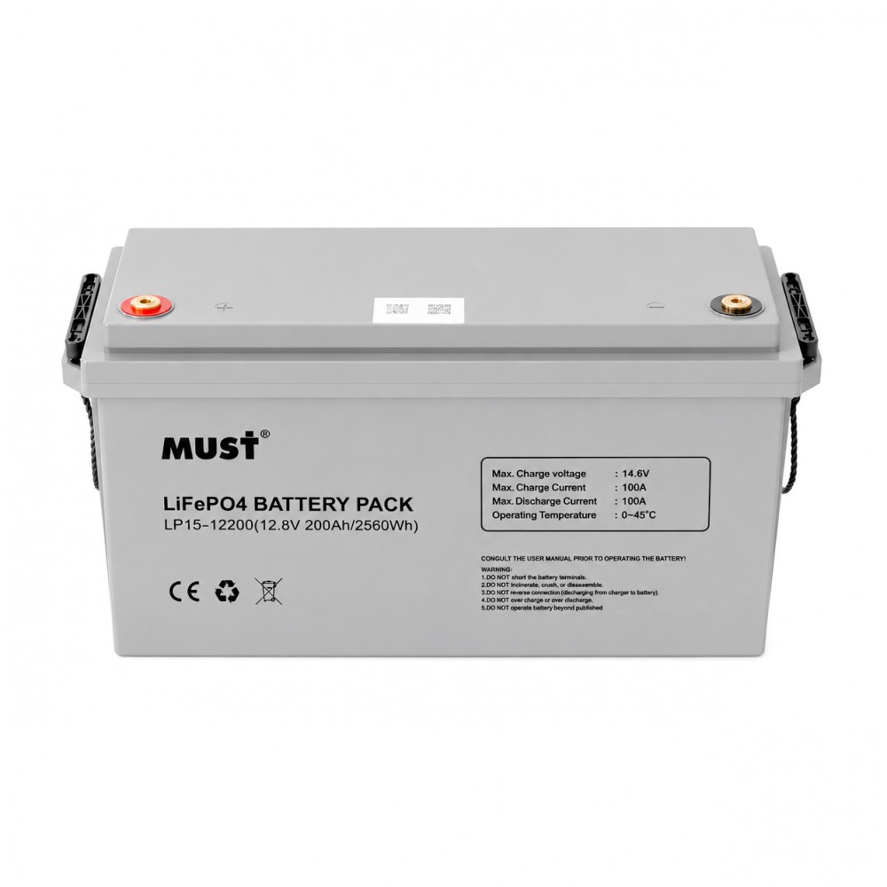 Акумуляторна батарея Must LiFePO4 LP15-12200 12,8V 200Ah, 2,56kWh, BMS100A@4S, 6000 cycles, 502x185x243, 23kg