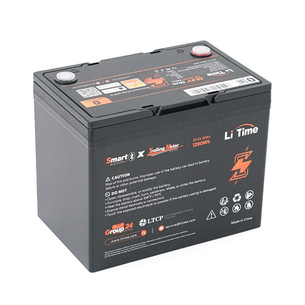 Акумуляторна батарея LiFePO4 Li-TIME 25.6V 50Ач 1280Wh Bluetooth 5.0, 6000Cycles, BMS50A, ≤40mΩ, IP65, L206*B168*H211 mm, 9.6 kg