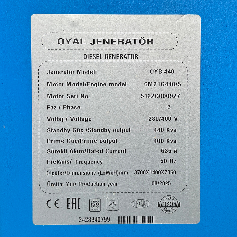 Дизельний генератор OYAL OYB-440 BAUDOUIN 6M16G450-5 440KVA/360KW, Альтернатор OYL315G, витрата 75% навантаження - 63,5 літрів/год, 230/400 В, 50 Гц (AVR+ATS), 4000x1500x2200 мм, 3690 кг, 630 л