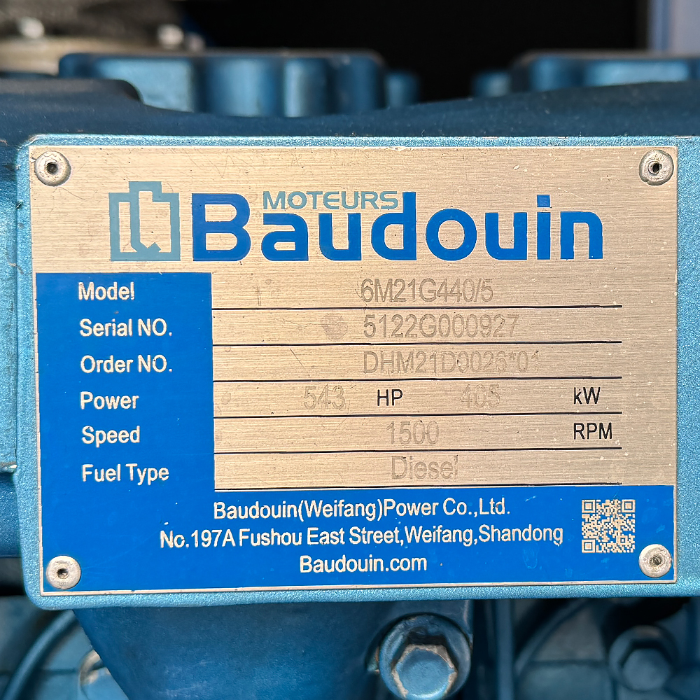 Дизельний генератор OYAL OYB-440 BAUDOUIN 6M16G450-5 440KVA/360KW, Альтернатор OYL315G, витрата 75% навантаження - 63,5 літрів/год, 230/400 В, 50 Гц (AVR+ATS), 4000x1500x2200 мм, 3690 кг, 630 л