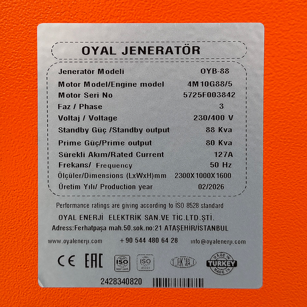 дизельний генератор OYAL OYB-85 BAUDOUIN 4M10G70-5 88KVA/70 кВт, генератор переменного тока OYL225FS, расход 75% нагрузки — 13,5 литров/час, 230/400 В, 50 Гц (AVR+ATS), 2800x1000x1500 мм, 1325 кг, 195 л