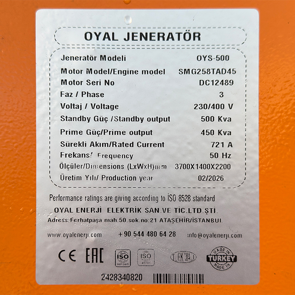 Дизельний генератор OYAL OYS-500 C-SDEC SMG258TAD45 500 кВА/400 кВт, генератор OYL355S, витрата палива при 75% навантаження - 73,5 літрів/год, 230/400 В, 50 Гц (AVR+ATS), 4000x1500x2200 мм, 4070 кг, 630 л
