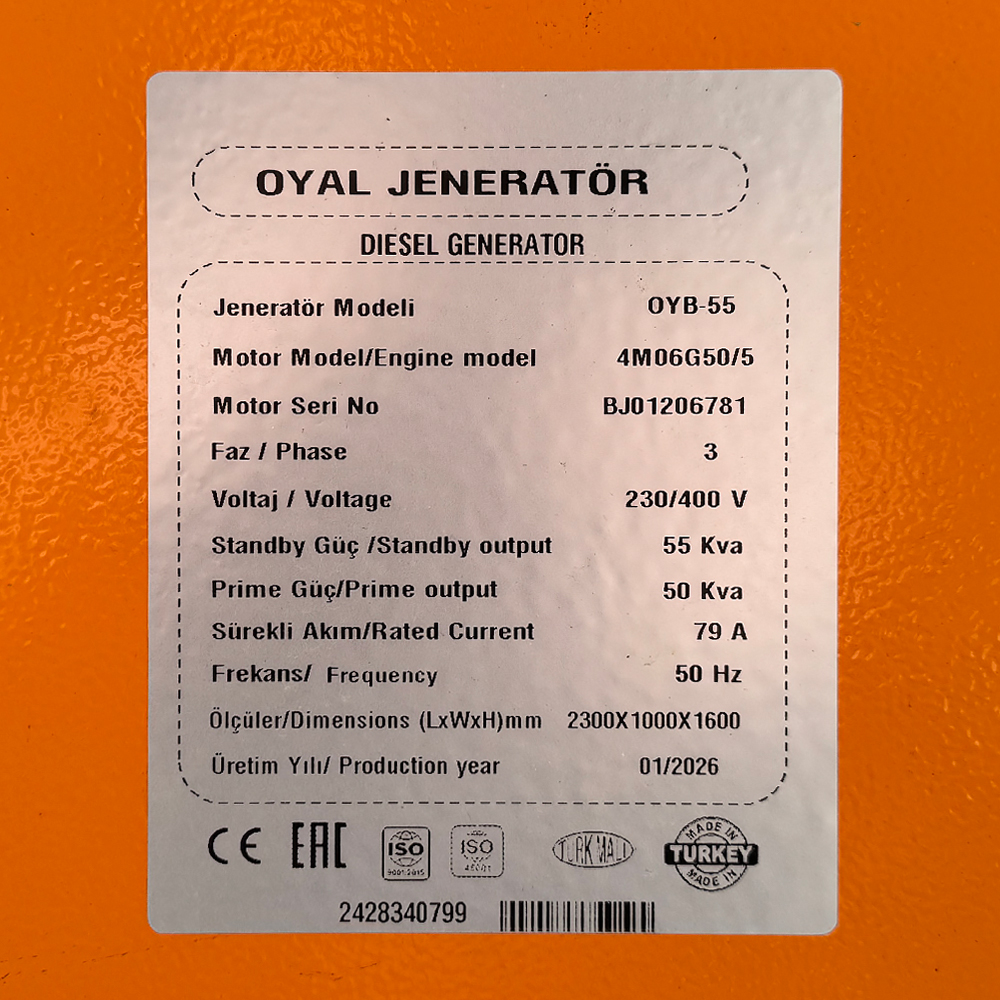 Дизельний генератор OYAL OYB-55 BAUDOUIN 4M06G55-5 55KVA/48KW, Альтернатор OYL224D, витрата 75% навантаження - 8,8 літрів/год, 230/400 В, 50 Гц (AVR+ATS), 2400x1000x1500 мм, 1050 кг, 170 л