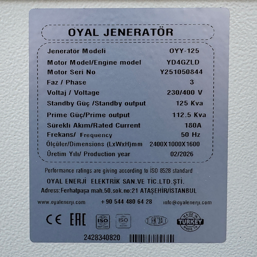 Дизельний генератор OYAL OYY-125 YANG DONG YD4GZLD 125KVA/100KW, Альтернатор OYL274D, витрата 75% навантаження - 13,6 літрів/годину, 230/400 В, 50 Гц (AVR+ATS) 2800*1000*1500 мм, 1250 кг, 220 л