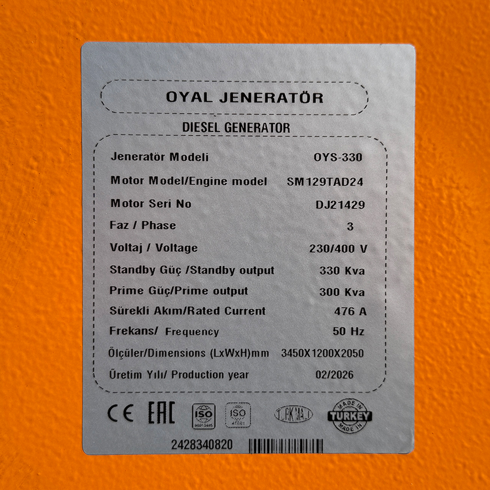 Дизельний генератор OYAL OYS-330 C-SDEC SM129TAD24 330KVA/264KW, Альтернатор OYL315C, витрата 75% навантаження - 44 літри/годину, 230/400V, 50Hz (AVR+ATS), 3900x1200x2050mm, 3480 кг, 520L