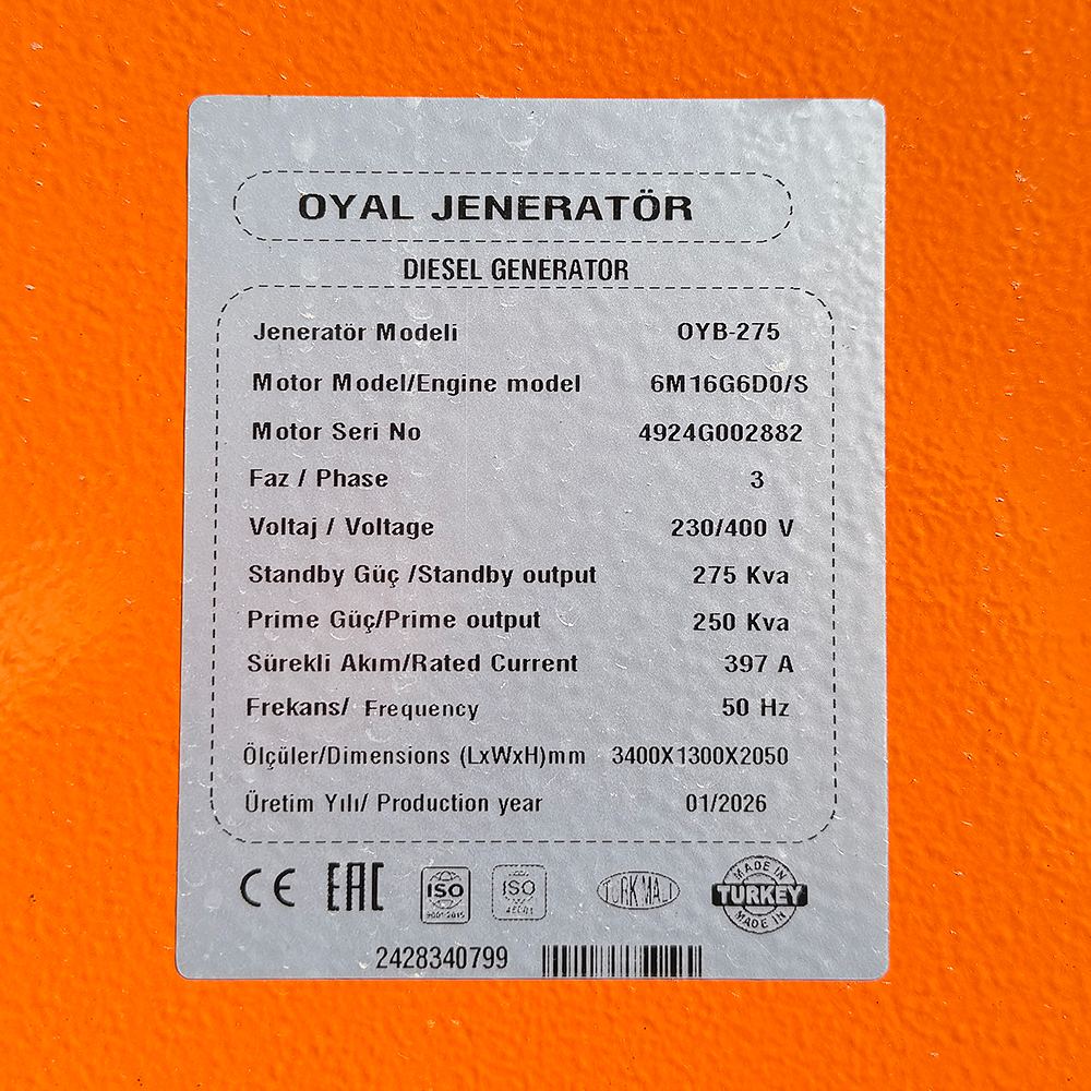 Дизельний генератор OYAL OYB-275 BAUDOUIN 6M16G275/5 275KVA/220KW, Альтернатор OYL270J, витрата 75% навантаження - 42,2 літри/годину, 230/400 В, 50 Гц (AVR+ATS), 3900x1200x2050 мм, 2795 кг, 520 л