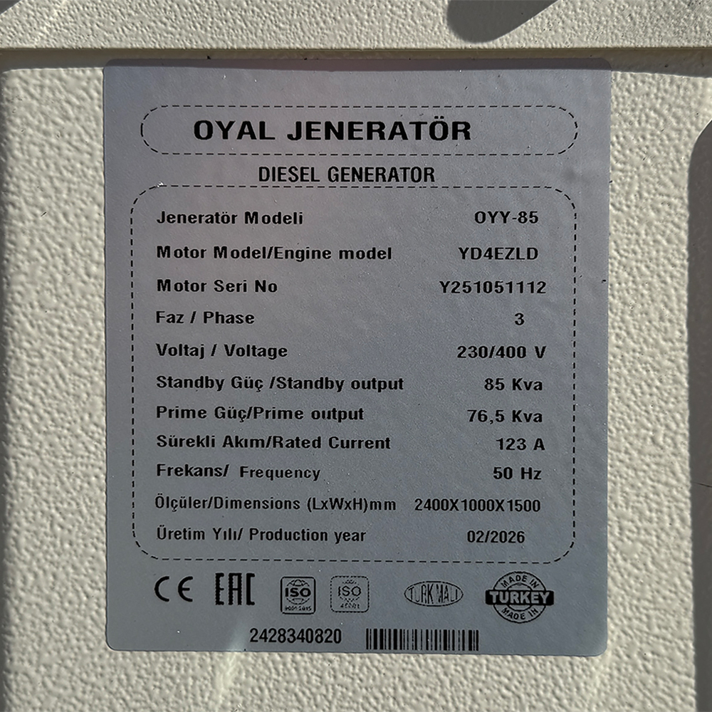 Дизельний генератор OYAL OYY-85 YANG DONG Y4EZLD 80KVA/64KW, Альтернатор OYL224F, витрата 75% навантаження - 10,5 літрів/год, 230/400 В, 50 Гц (AVR+ATS) 2400*1000*1500 мм, 1100 кг, 170 л