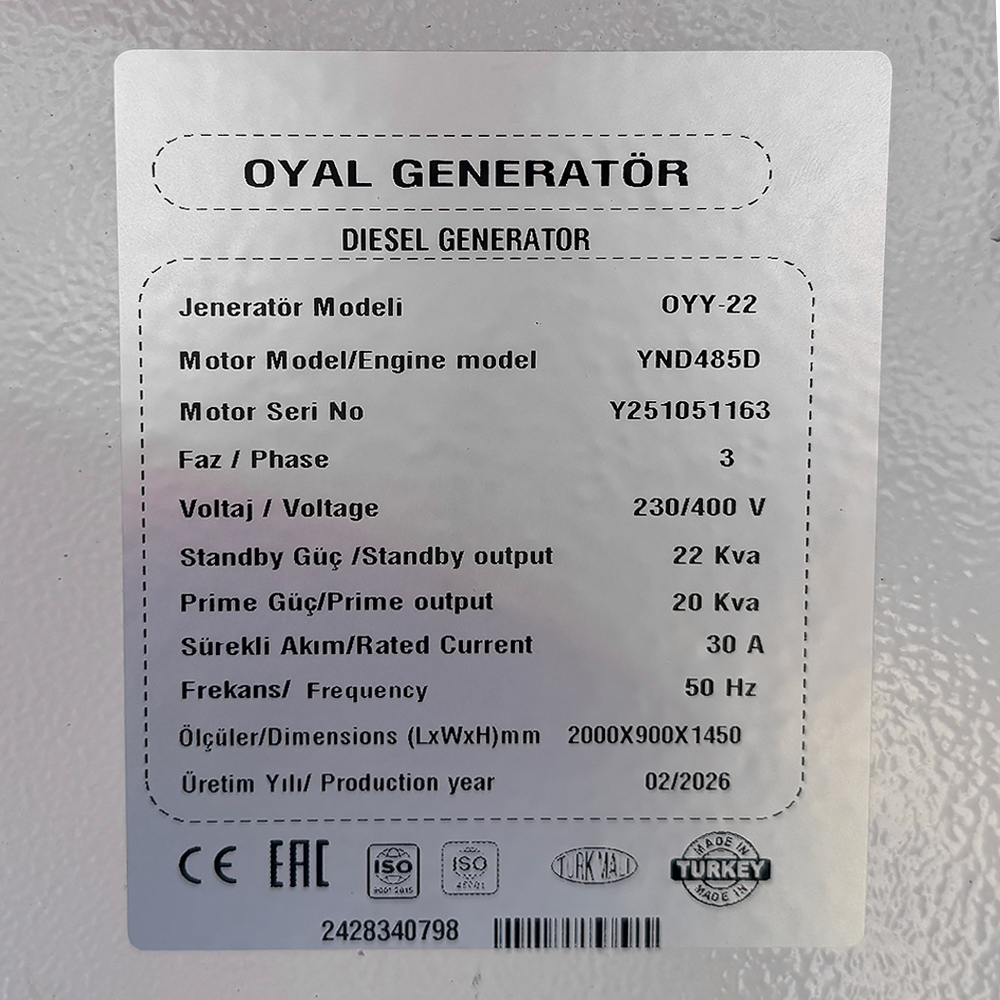 Дизельний генератор OYAL OYY-22 YANG DONG YND485D 22KVA/17.6KW, Альтернатор OYL184E, витрата 75% навантаження - 4,2 літри/годину, 230/400 В, 50 Гц (AVR+ATS) 2000*900*1200 мм, 630 кг, 115 л