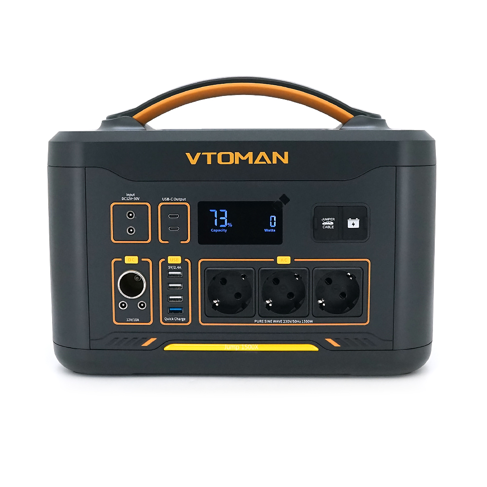 Портативна зарядна станція VTOMAN 1500X, 1500 (макс. 3000) Вт, LiFePO4 828 Вт·год (макс. 2376 Вт·год), 230 В, вихід 3x230 В/1500 Вт, 2x12 В/10 A-10 A, 2xPDTB, прикурювач 12 В/10 A, 36x27x28 см; 20 кг