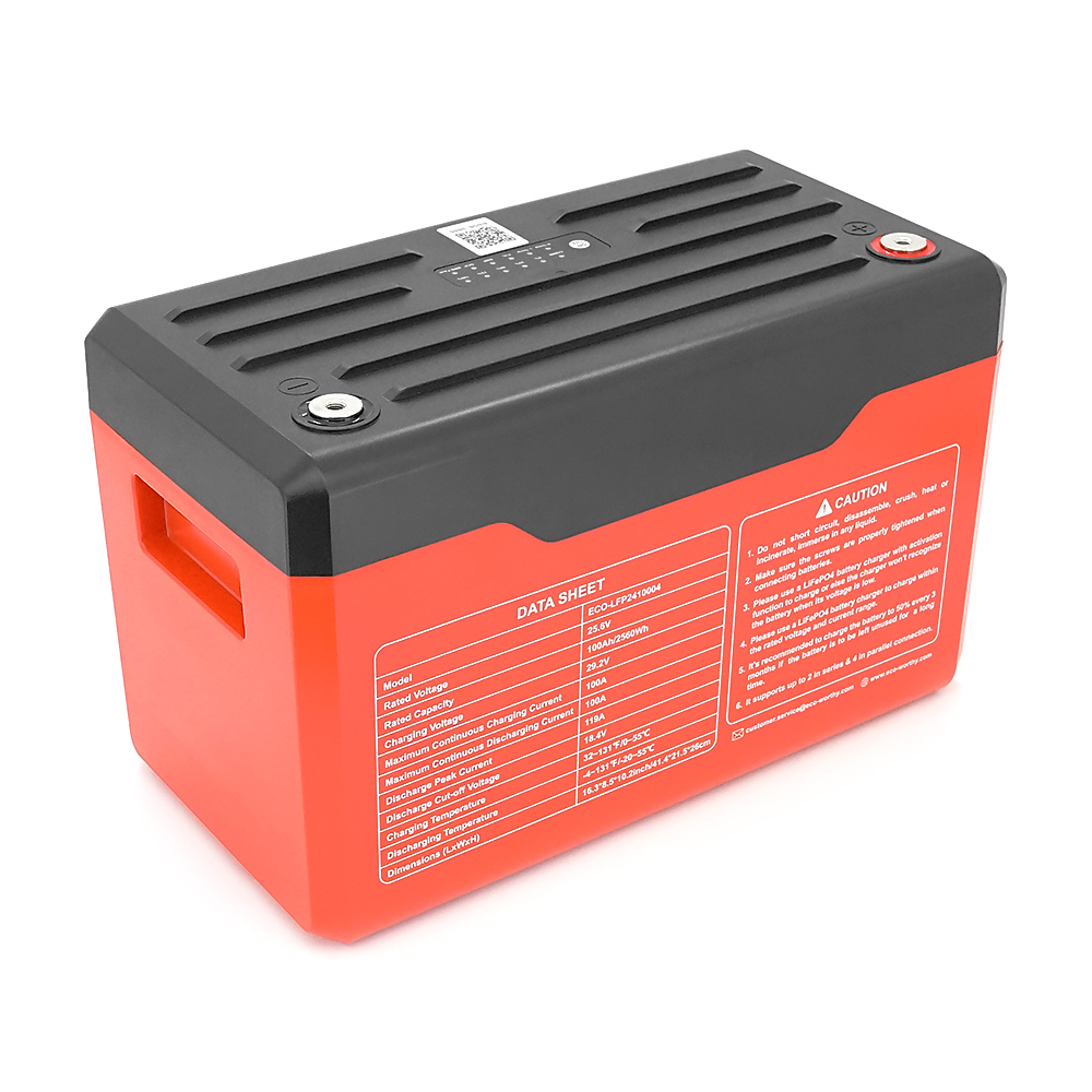 Акумуляторна батарея Eco-Worthy LiFePO4 25,6V 100Ah,(100/100A), 0°C до 60°C, індикатор заряду, винт M8, 414*215*260 мм. 18 кг