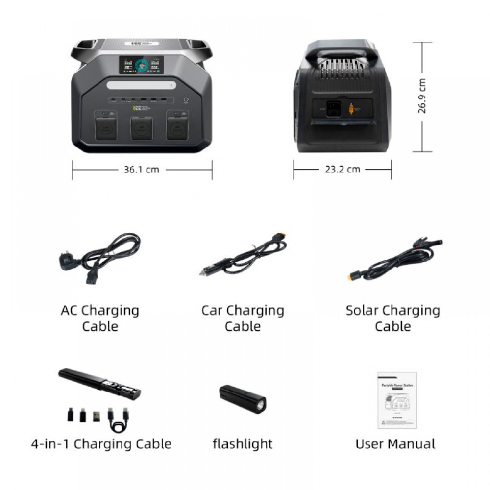 Портативна зарядна станція Singo P1800, 1800W/1024Wh LiFePO₄, 2xDC5521-12V-8A, CarPort-12V-10A, 2xAC230V, 3xUSB-A-15W, 3xUSB-C-100W