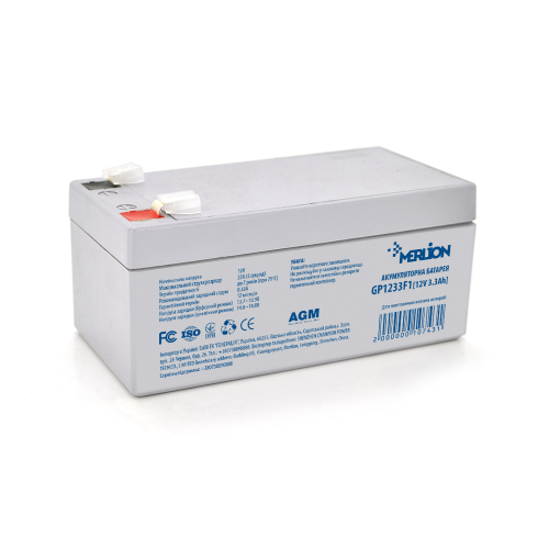 Акумуляторна батарея MERLION AGM GP1233F1 12 V 3,3Ah ( 134 x 66 x 60 (65) ) Q10