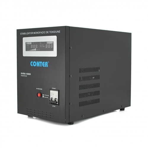 Стабилизатор напряжения релейный Conter SVRH-15000VA/10500W однофазный, напольного монтажа, LED дисплей, DC150-270V, AC230±8%, 2*Shuko, Q4